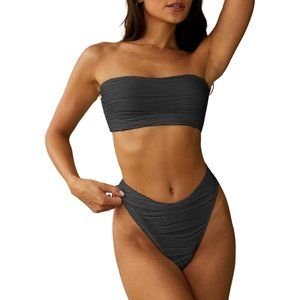 Women 2Piece Swimsuits Ribbed Lace up Strapless Bikini Set High Cut Bathing Suit